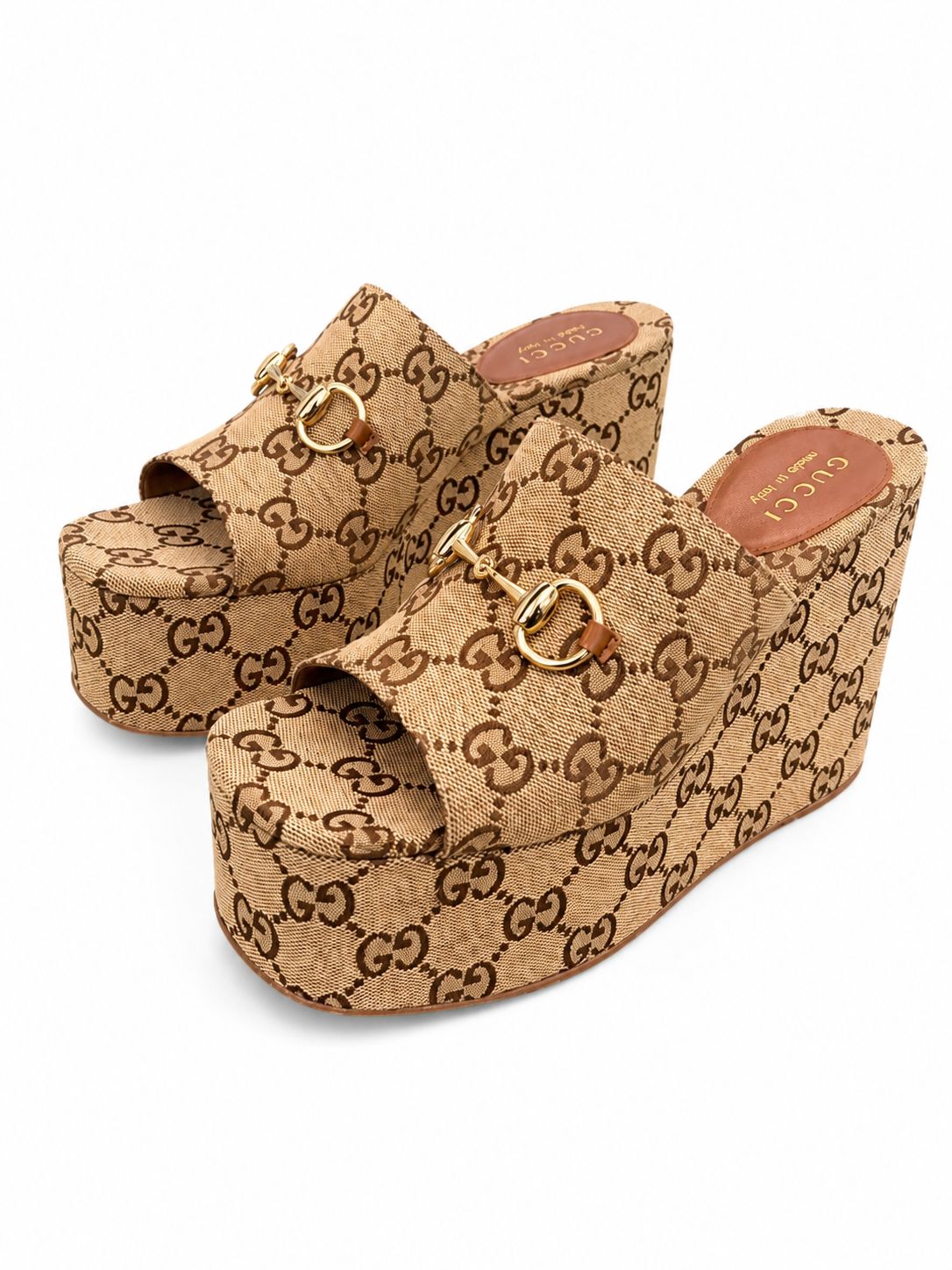 Gucci Women's Wedge Sandal with Horsebit – Beige & Dark Brown GG Canvas
