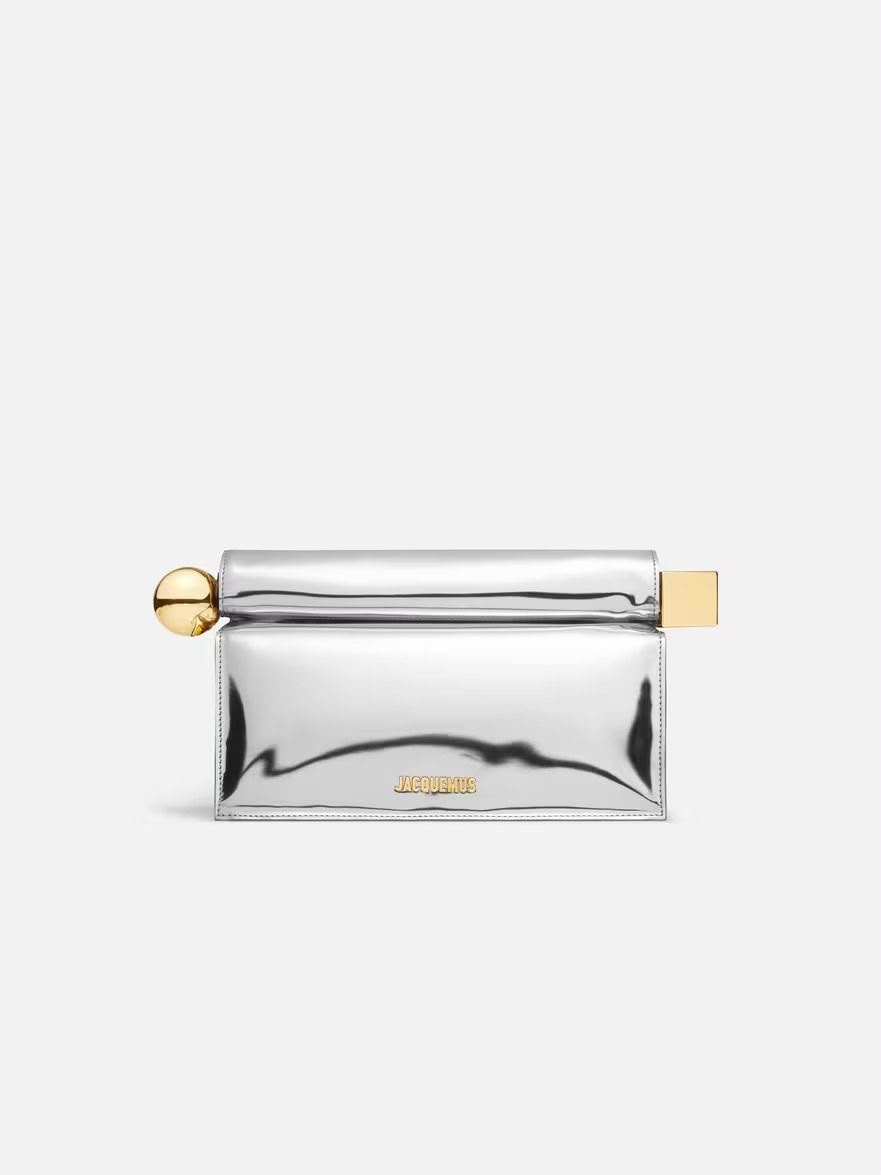 Jacquemus Rond Carré Clutch in a metallic silver mirror