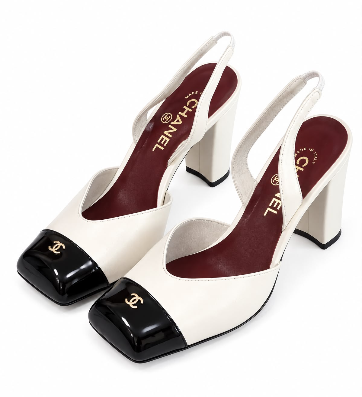 CHANEL white slingback pump with black cap toe