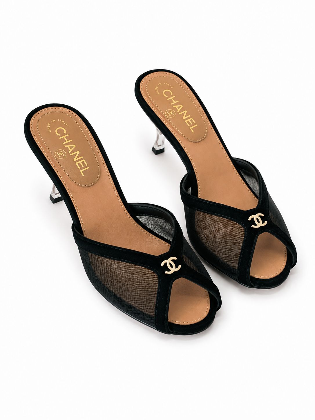 Chanel Mesh & Suede Peep-Toe Mules